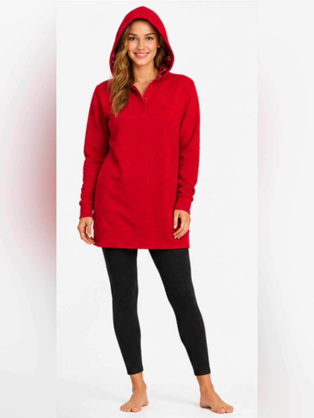 LandsEnd HOODIE TUNIC Wm FRENCH TERRY w/ FLANNEL Lined Hood Generous Relaxed Fit